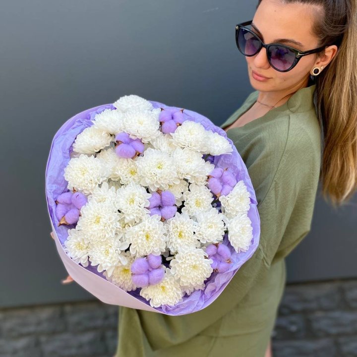  Букет  хризантем и хлопка в Бийске