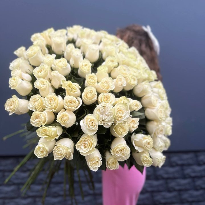 101 белая высокая импортная роза под ленту в Бийске